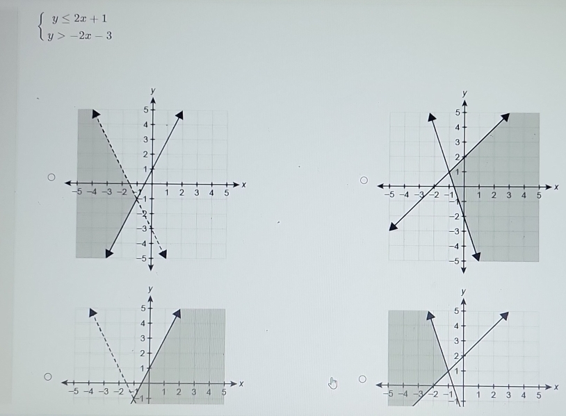 beginarrayl y≤ 2x+1 y>-2x-3endarray.
x