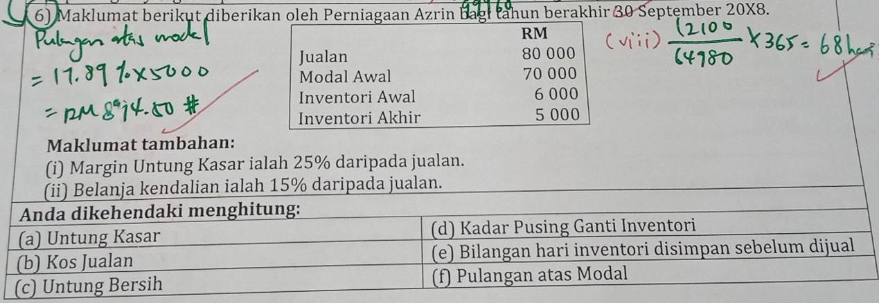 Maklumat berikut diberikan oleh Perniagaan Azrin bagitähun berakhir 30 September 20X8.
RM
Jualan 80 000
Modal Awal 70 000
Inventori Awal 6 000
Inventori Akhir 5 000
Maklumat tambahan: 
(i) Margin Untung Kasar ialah 25% daripada jualan.
5% daripada jualan.