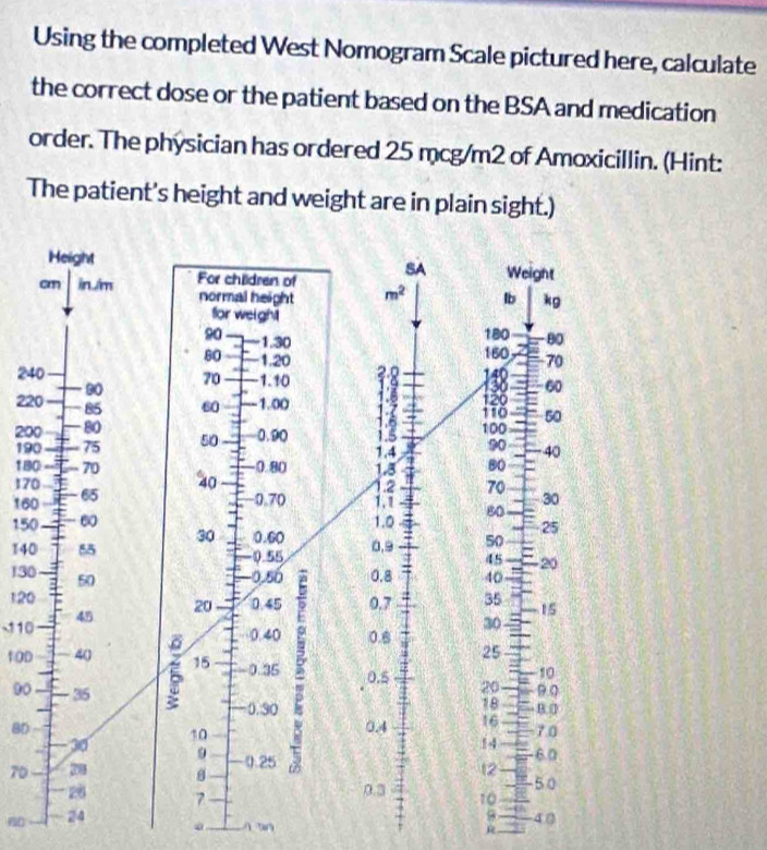 Using the completed West Nomogram Scale pictured here, calculate 
the correct dose or the patient based on the BSA and medication 
order. The physician has ordered 25 mcg/m2 of Amoxicillin. (Hint: 
The patient's height and weight are in plain sight.) 
Height
cm in /m For children of SA Weight 
normal height m^2 lb kg
for weight
180
90 I 1.30 80
160
80 I 1.20 70
240 - 1.10 3· 149 60
80
70
30
220 85 60 — 1.00 110 120
50
200 80 100
190 75 50 0.90 1.5 90 40
1.4
180 70 - 0.80 1.3 80
170 I 1.7 1.2 70 30
160 65 40
−0.70
150 60 1.0 80
30 0.60
25
140 55 0.55 0,9 50
45 20
130 50 40
0.50 0.8
120
-110 45 20 0.45 0.7 35 15
30
0.40 0.8
25
10D 40 15 -0.35
10
0.5 20 9.0
90 35
18
0.30 B.
8D 0.4 16 7.0
10
14
70 78 8 0.25 6.0
30 9 12 50
28 7 0.3 10
9
24 4 ( 
Aan R