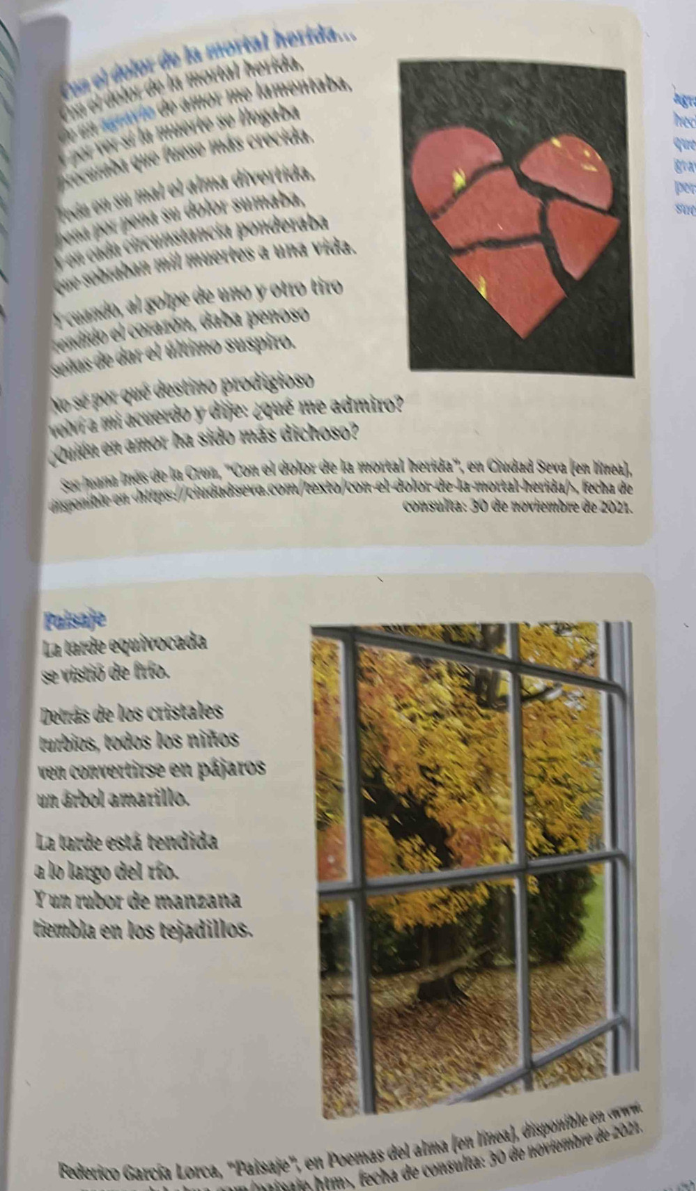 Con el dolor de la mortal herida.-. 
Coa el dolor de la mortal herida, 
e u agrafío de amor me lamentaba, 
por ver sí la muerte se llogaba 
hec 
curab que uese más crecida 
que 
reda en su mal el alma divertida. 
gra 
per 
pena por peña su dolor sumaba, 
en cada circunstancía ponderaba 
que sobraban mil muertes a una vida. 
Y cuando, al golpe de uno y otro tíro 
cendido el corazón, daba penoso 
señas de dar el último suspiro. 
No sé por qué destino prodigioso 
volí a mi acuerdo y dife: ¿qué me admiro? 
Quién en amor ha sido más dichoso? 
Ser Juana Inés de la Cruz, "Con el dolor de la mortal herida", en Ciudad Seva (en línea), 
iuponible en 30 de noviembre de