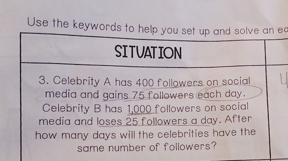 Use the keywords tc 
media and loses 25 followers a day. A 
how many days will the celebrities have the 
same number of followers?