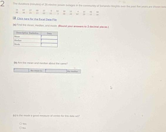 The durations (minutes) of 26 electric power outages in the community of Sonando Heights over the past five years are shown bek
, 3 47 27 68 27 9 56
98 30 21 13 49 25 3 10 52 4 16 48 40
24 87 20 15 16
Click here for the Excel Data File
(a) Find the mean, median, and mode. (Round your answers to 2 decimal places.)
(b) Are the mean and median about the same?
, the mean is . the median
(c) is the mode a good measure of center for this data set?
Yes
No