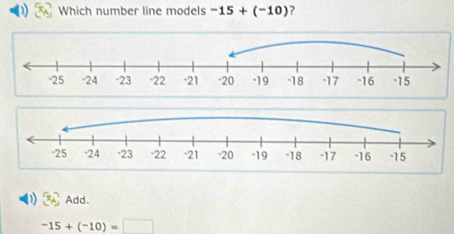 Which number line models -15+(-10) ?
Add.
-15+(-10)=□