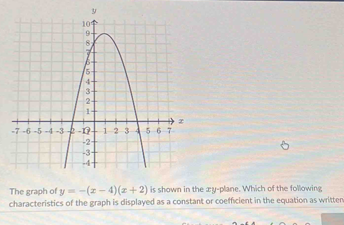 The graph of y=-(x-4)(x+2) is shown in the xy -plane. Which of the following 
characteristics of the graph is displayed as a constant or coefficient in the equation as written