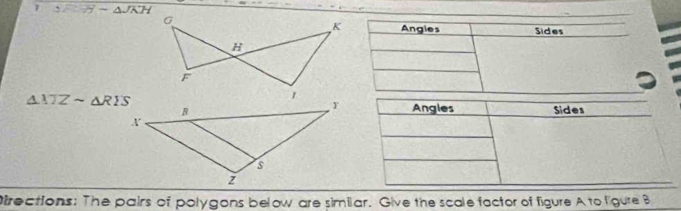 1 Hsim △ JKH
Angies Sides
△ XTZsim △ RIS
Angles 
Sides 
irections: The pairs of polygons below are similar. Give the scale factor of figure A to ligure B