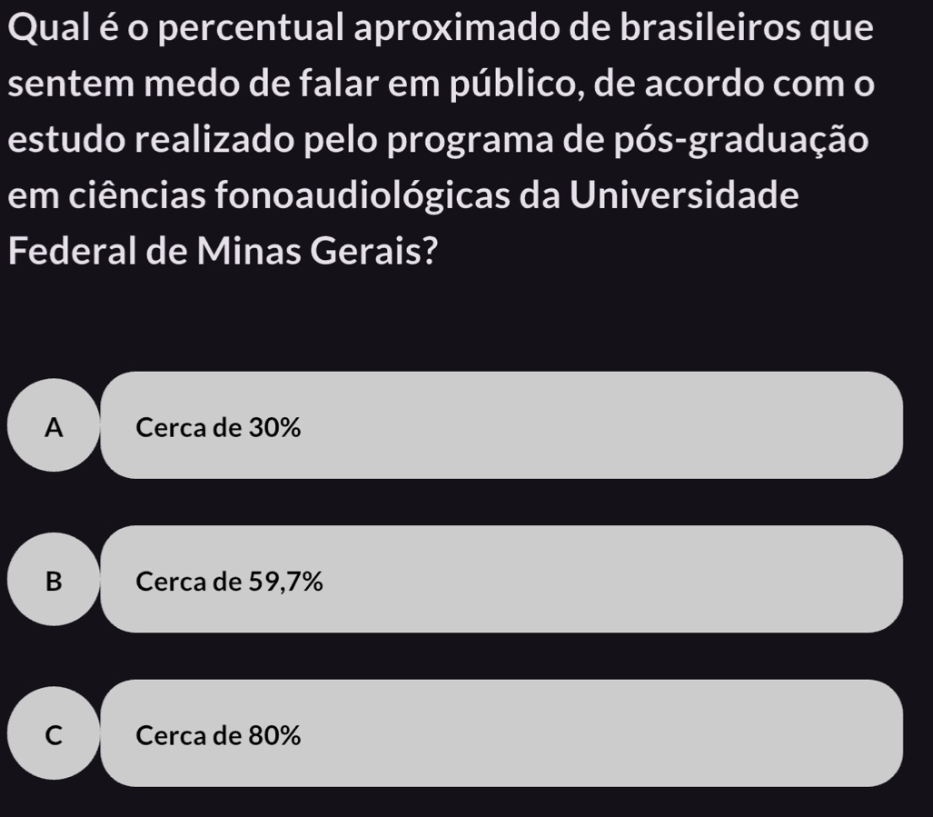 Qual é o percentual aproximado de brasileiros que
sentem medo de falar em público, de acordo com o
estudo realizado pelo programa de pós-graduação
em ciências fonoaudiológicas da Universidade
Federal de Minas Gerais?
A Cerca de 30%
B Cerca de 59,7%
C Cerca de 80%