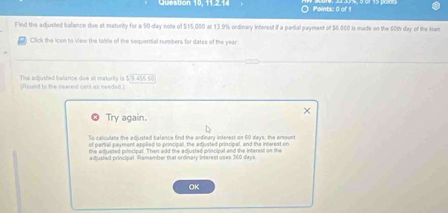 Question 10, 11.2.14 V score: 3333%, 5 of 15 pain 
Points: 0 of 1 
FInd the adjusted balance due at maturity for a 90-day note of $15,000 at 13.9% ordinary interest if a partial payment of $6,000 is made on the 60th day of the loan 
Click the icon to view the table of the sequential numbers for dates of the year
The adjusted balance due at maturity is $ 9.455 50
(Round to the nearest cent as needed.) 
Try again. 
To calculate the adjusted balance find the ordinary inferest on 60 days, the amount 
of partial payment applied to principal, the adjusted principal, and the interest on 
the adjusted principal. Then add the adjusted principal and the interest on the 
adjusted principal Remember that ordinary interest uses 360 days
OK