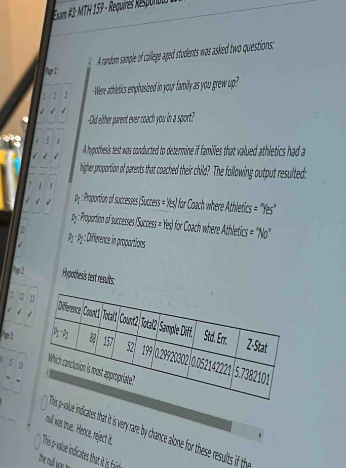 xsam 3: MTH 159 - Requires Respoou
Pag 1 A random sample of college aged students was asked two questions:
-Were athletics emphasized in your family as you grew up?
-Did either parent ever coach you in a sport?
A hypothesis test was conducted to determine if families that valued athletics had a
higher proportion of parents that coached their child? The following output resulted:
p : Proportion of successes (Success =Yes) for Coach where Athletics =''Yes''
p : Proportion of successes (Success =Yes) ) for Coach where Athletics =''No''
P1 - P₂ : Difference in proportions
Hypothesis test results:
Pap 
15 1
null was true Hnc, ejec t.
p-value indicates that it is very are by chance alone for these results if th
This p-value indicates hat t is airly
the null was tr