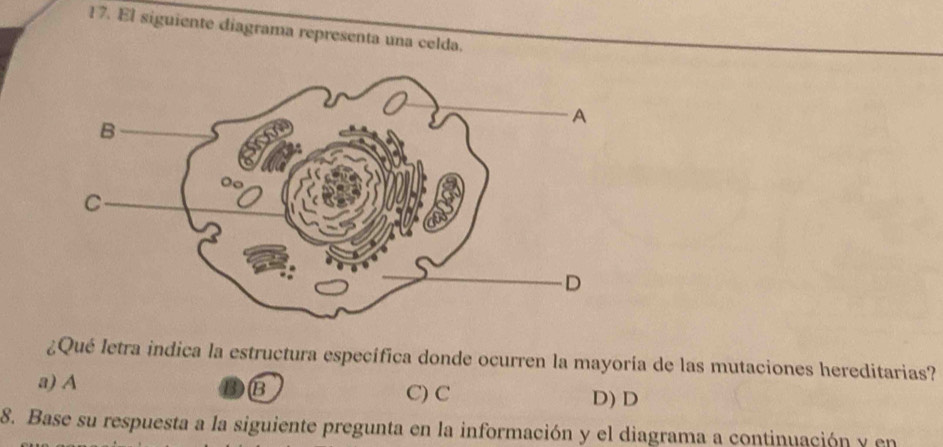 El siguiente diagrama representa una celda.
¿Qué letra indica la estructura específica donde ocurren la mayoría de las mutaciones hereditarias?
a) A
BB C) C D) D
8. Base su respuesta a la siguiente pregunta en la información y el diagrama a continuación y en