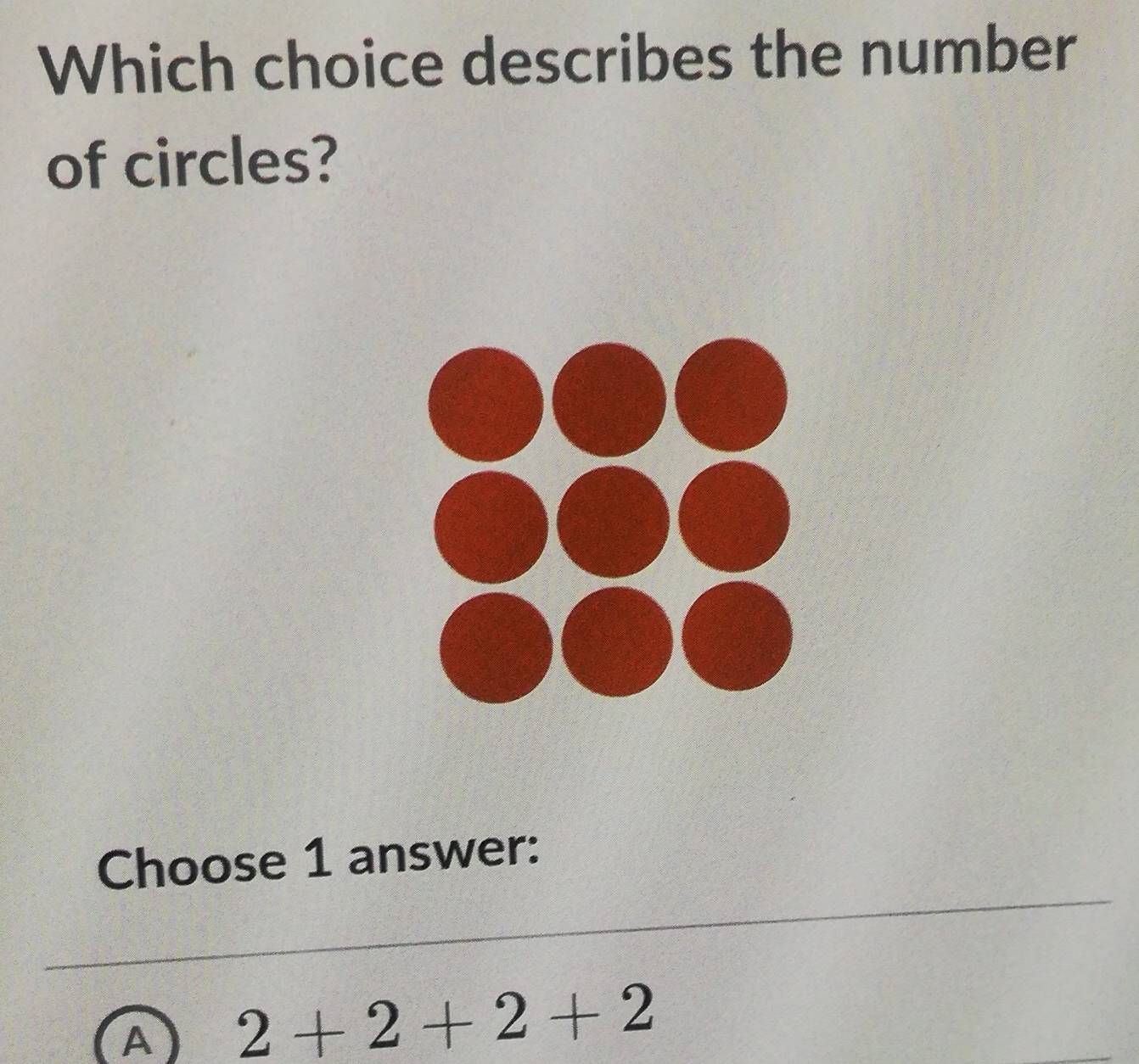 Which choice describes the number
of circles?
Choose 1 answer:
A 2+2+2+2