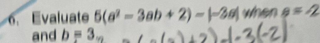 Evaluate 5(a^2-3ab+2)-|-2a| when θ =-2
and b=3_m