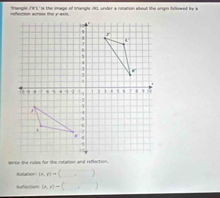 Triangle J'K'L' is the image of triangle JKL under a rotation about the origin followed by a
refection across the y-axis.
Write the rules for the rotation and reflection.
Rotation: (x,y)to (□ ,□ )
Refection: (x,y)=(□ ,□ )