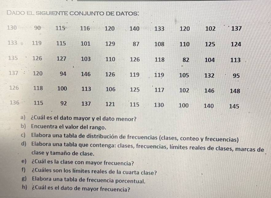 Dado el siguiente conjunto de datos:
130 90 115 116 120 140 133 120 102 137
133 G 119 115 101 129 87 108 110 125 124
135 126 127 103 110 126 118 82 104 113
137 120 94 146 126 119 119 105 132 95
126 118 100 113 106 125 117 102 146 148
136 115 92 137 121 115 130 100 140 145
a) ¿Cuál es el dato mayor y el dato menor? 
b) Encuentra el valor del rango. 
c) Elabora una tabla de distribución de frecuencias (clases, conteo y frecuencias) 
d) Elabora una tabla que contenga: clases, frecuencias, límites reales de clases, marcas de 
clase y tamaño de clase. 
e) ¿Cuál es la clase con mayor frecuencia? 
f) ¿Cuáles son los límites reales de la cuarta clase? 
g) Elabora una tabla de frecuencia porcentual. 
h) ¿Cuál es el dato de mayor frecuencia?