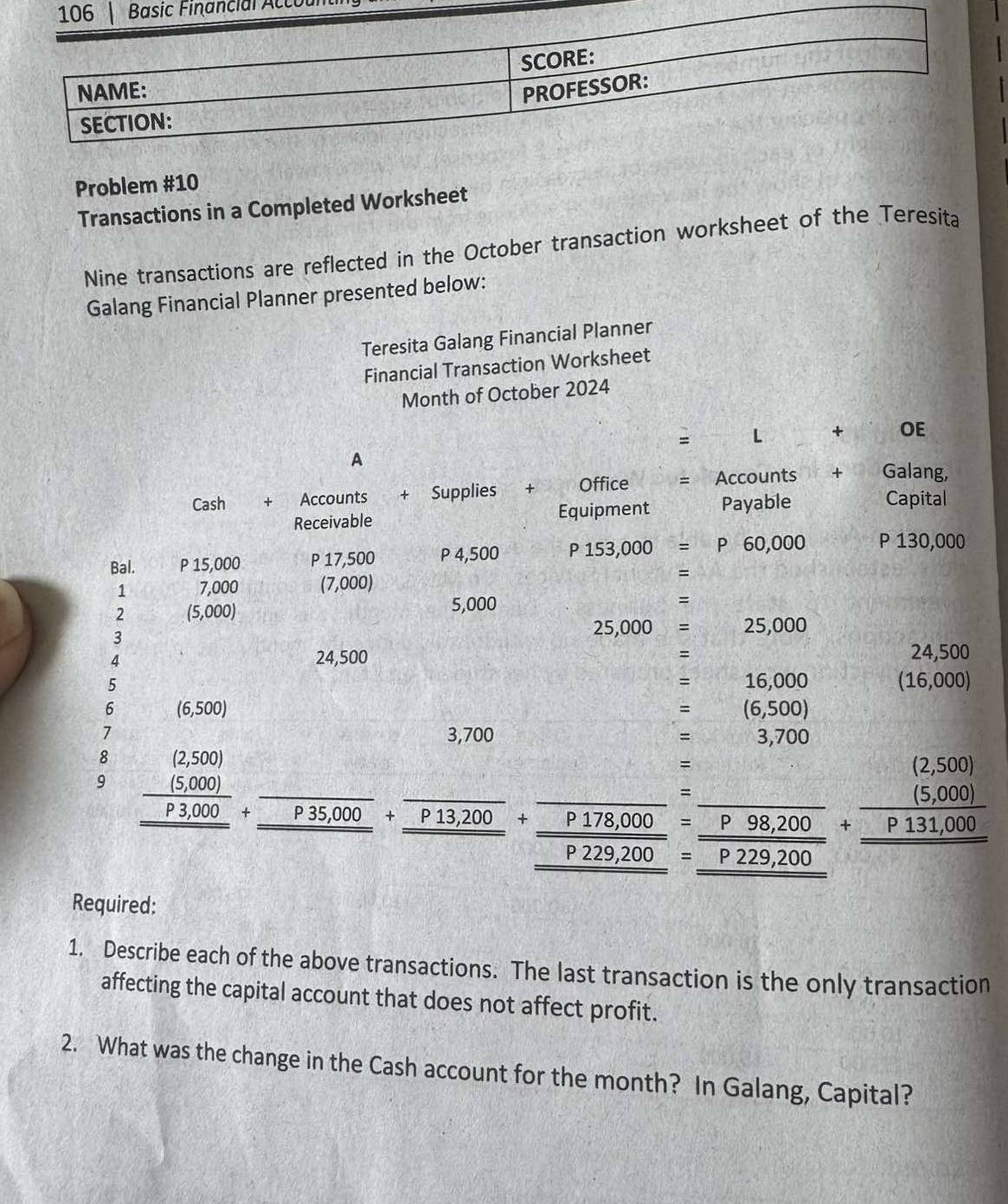 ancial Accou 
Problem #10 
Transactions in a Completed Worksheet 
Nine transactions are reflected in the October transaction worksheet of the Teresita 
Galang Financial Planner presented below: 
Teresita Galang Financial Planner 
Financial Transaction Worksheet 
Month of October 2024 
= L + OE 
A 
Cash + Accounts + Supplies ₹ + Office = Accounts + Galang, 
Receivable Equipment Payable Capital 
Bal. P 15,000 P 17,500 P 4,500 P153,000=P60,000 P 130,000
1 7,000 (7,000) =
2 (5,000) 5,000
= 
3
25,000=25,000
4 24,500 24,500
5
=16,000
(16,000
6 (6,500)
W =(6,500)
1 3,700 x= =3,700
8
2,500
9 frac beginarrayr (2.500) (5.00)endarray p_3,000+_ overline p35.000+frac overline p13,200_  p/p 225,200=frac overline p_ frac 9.98,200_  p/p 229,200+frac  ((5,000))/(3,000) _ 0.131,000
2°
Required: 
1. Describe each of the above transactions. The last transaction is the only transaction 
affecting the capital account that does not affect profit. 
2. What was the change in the Cash account for the month? In Galang, Capital?