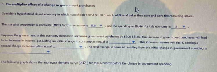 The multiplier effect of a change in government purchases 
Consider a hypothetical closed economy in which households spend $0.80 of each additional dollar they earn and save the remaining $0.20. 
The marginal propensity to consume (MPC) for this economy is __ 0.8 ____ , and the spending multiplier for this economy is _ 5. 
Suppose the government in this economy decides to increase government purchases by $300 billion. The increase in government purchases will lead 
to an increase in income, generating an initial change in consumption equal to_ . This increases income yet again, causing a 
second change in consumption equal to_ . The total change in demand resulting from the initial change in government spending is 
_. 
The following graph shows the aggregate demand curve (AD_1) for this economy before the change in government spending.