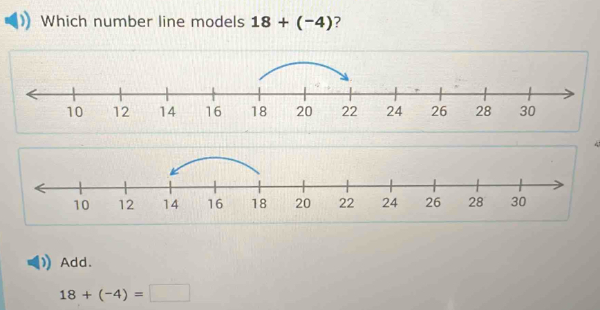 Which number line models 18+(-4) ?
4
Add.
18+(-4)=□