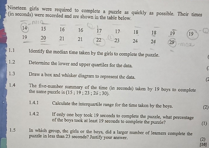 Nineteen girls were required to complete a puzzle as quickly as possible. Their times 
(in seconds) were recorded and are shown in the table below.
14 15 16 16 17 17 18 18 _ 19 19
19 20 21 21 22 23 24 24 29
1.1 Identify the median time taken by the girls to complete the puzzle. 
1.2 Determine the lower and upper quartiles for the data. C 
1.3 Draw a box and whisker diagram to represent the data (2 
1.4 The five-number summary of the time (in seconds) taken by 19 boys to complete 
the same puzzle is (15; 19; 23; 26; 30). 
1.4.1 Calculate the interquartile range for the time taken by the boys. (2) 
1.4.2 If only one boy took 19 seconds to complete the puzzle, what percentage 
of the boys took at least 19 seconds to complete the puzzle? (1) 
1.5 In which group, the girls or the boys, did a larger number of learners complete the 
puzzle in less than 23 seconds? Justify your answer. (2) 
[10]