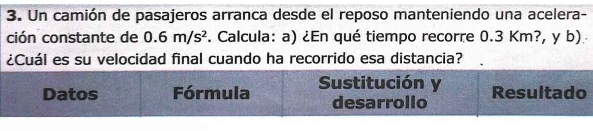 Un camión de pasajeros arranca desde el reposo manteniendo una acelera- 
ción constante de 0.6m/s^2. Calcula: a) ¿En qué tiempo recorre 0.3 Km?, y b). 
¿Cuál es su velocidad final cuando ha recorrido esa distancia?