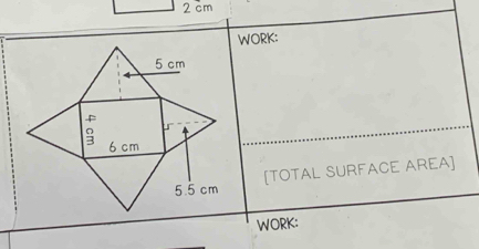 2 cm
WORK: 
[TOTAL SURFACE AREA] 
WORK: