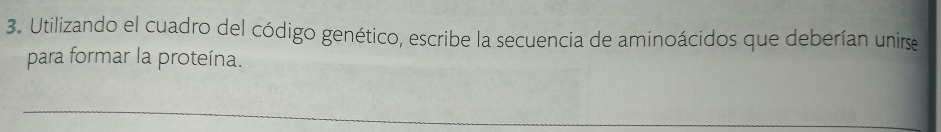 Utilizando el cuadro del código genético, escribe la secuencia de aminoácidos que deberían unirse 
para formar la proteína. 
_