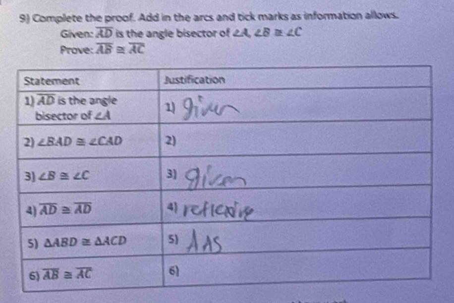 Complete the proof. Add in the arcs and tick marks as information allows.
Given: overline AD is the angle bisector of ∠ A,∠ B≌ ∠ C
Prove: overline AB≌ overline AC