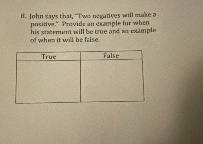 John says that, “Two negatives will make a 
positive.” Provide an example for when 
his statement will be true and an example 
of when it will be false.