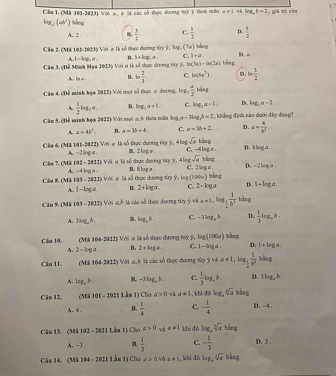 ì
Câu 1. (Mã 101-2023) Với a, b là các số thực dương tuỳ ý thoả mãn a!= 1 và log _ab=2 , giá trị của
log _a^2(ab^2) bằng 1
C.
D.
A. 2 . B.  3/2 .  1/2 .  5/2 .
Câu 2. (Mã 102-2023) Với a là số thực dương tùy ý, log, (7a) bằng
A. -log _7a. B. 1+log _7a. C. 1+a. D. a .
Câu 3. (Đề Minh Họa 2023) Với a là số thực dương tùy ý, ln (3a)-ln (2a) bằng:
A. ln a.
B. ln  2/3 . ln  3/2 .
C. ln (6a^2). D.
Câu 4. (Đề minh họa 2022) Với mọi số thực a dương, log,  a/2  bǎng
A.  1/2 log _2a. B. log _2a+1. C. log _2a-1. D. log _2a-2.
Câu 5. (Đề minh họa 2022) Với mọi a,b thỏa mãn log _2a-3log _2b=2 , khẳng định nào dưới đây đúng?
A. a=4b^3. B. a=3b+4. C. a=3b+2. D. a= 4/b^3 .
Câu 6. (Mã 101-2022) Với a là số thực dương tùy ý, 4log sqrt(a)bing
A. -2 log a . B. 2 log a . C. -4log a D. 8 log a .
Câu 7. (Mã 102- 2022) Với a ldot ashat o thực dương tùy ý, 4log sqrt(a) ang
A. -4 log a . B. 8 log a . C. 2 log a . D. -2 log a .
Câu 8. (Mã 1 03 - 2022) Với a là số thực dương tùy ý, log (100a) bằng
A. 1-log a. B. 2+log a. C. 2-lo ga. D. 1+log a.
Câu 9. (Mã 103-2022) Với a,b là các shat O thực dương tùy ý và a!= 1,log _ 1/a  1/b^3  bằng
C. -3log _ab. D.
A. 3log _ab. log _ab.  1/3 log _ab.
B.
Câu 10. (Mã 104-2022) Với a là số thực dương tuỳ ý, log (100a) bằng
A. 2-log 1 . B. 2+log a. C. 1-log g a . D. 1+log a.
Câu 11. (Mã 104-2022) Với a,b là các số thực dương tùy ý và a!= 1,log _ 1/a  1/b^3  bằng
A. log _ab.
B. -3log _ab. C.  1/3 log _ab. D. 3log _ab.
Câu 12. (Mã 101 - 2021 Lần 1) Cho a>0 và a!= 1 , khi đó log。 sqrt[4](a) bằng
A. 4 . B.  1/4 . C. - 1/4 . D. -4 .
Câu 13. (Mã 102 - 2021 Lần 1) Cho a>0 và a!= 1 khi đó log _asqrt[3](a) bằng
C. D. 3 .
A. -3 . B.  1/3 . - 1/3 .
Câu 14. (Mã 104 - 2021 Lần 1) Cho a>0 và a!= 1 , khi đó log _asqrt[5](a) bằng b^2