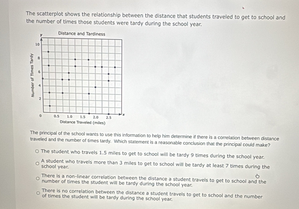 The scatterplot shows the relationship between the distance that students traveled to get to school and
the number of times those students were tardy during the school year.
The principal of the school wants to use this information to help him determine if there is a correlation between distance
traveled and the number of times tardy. Which statement is a reasonable conclusion that the principal could make?
The student who travels 1.5 miles to get to school will be tardy 9 times during the school year.
A student who travels more than 3 miles to get to school will be tardy at least 7 times during the
school year.
A
There is a non-linear correlation between the distance a student travels to get to school and the
number of times the student will be tardy during the school year.
There is no correlation between the distance a student travels to get to school and the number
of times the student will be tardy during the school year.