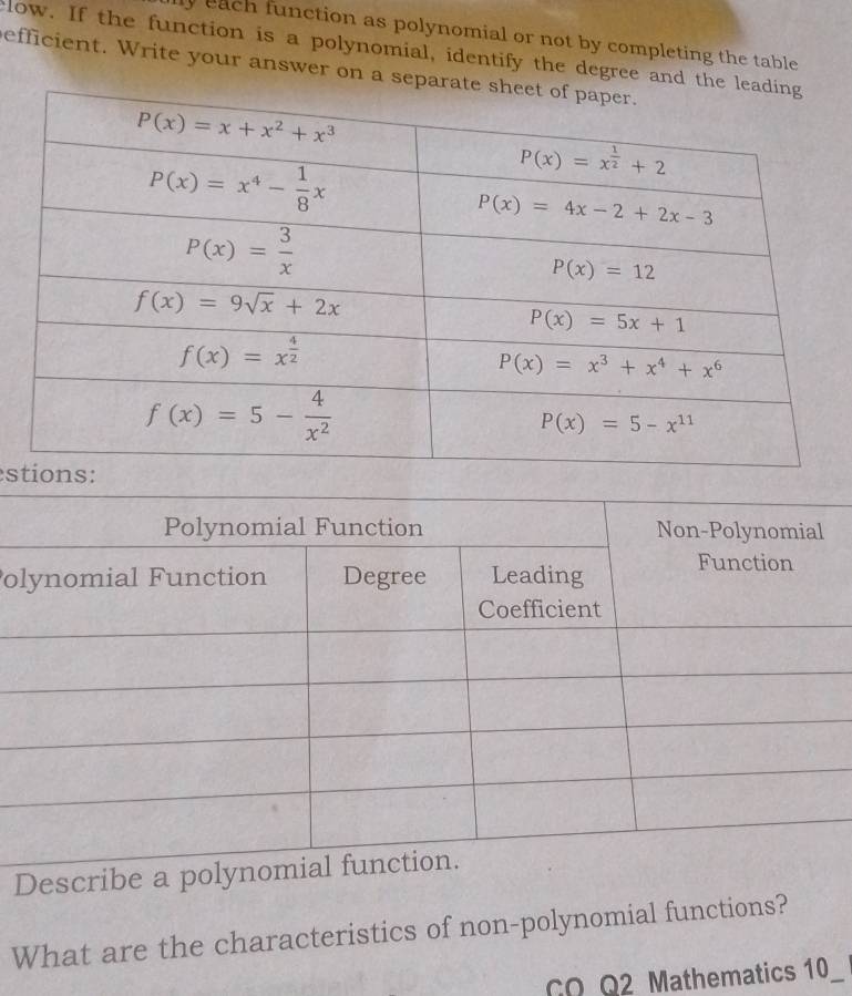 lly each function as polynomial or not by completing the table 
clow. If the function is a polynomial, identify the degree and t
efficient. Write your answer on a sep
es
o
Descr
What are the characteristics of non-polynomial functions?
CO Q2 Mathematics 10_