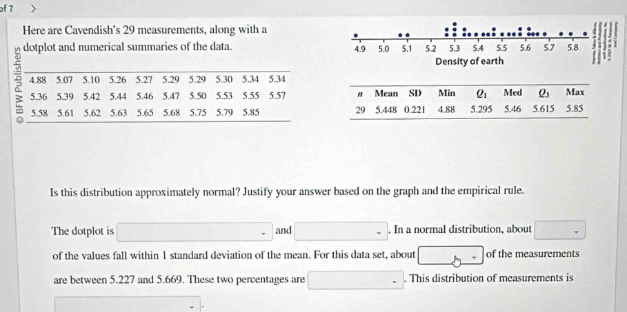 Solved: of 7 Here are Cavendish's 29 measurements, along with a dotplot ...
