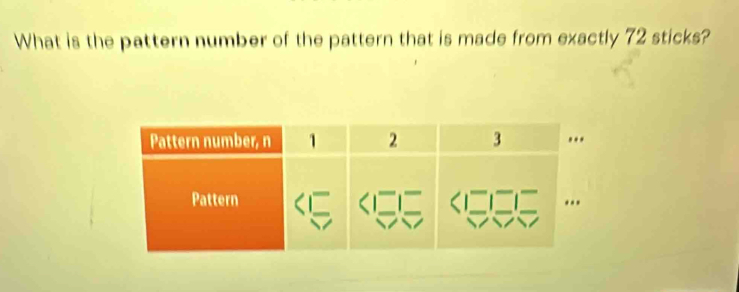 What is the pattern number of the pattern that is made from exactly 72 sticks?