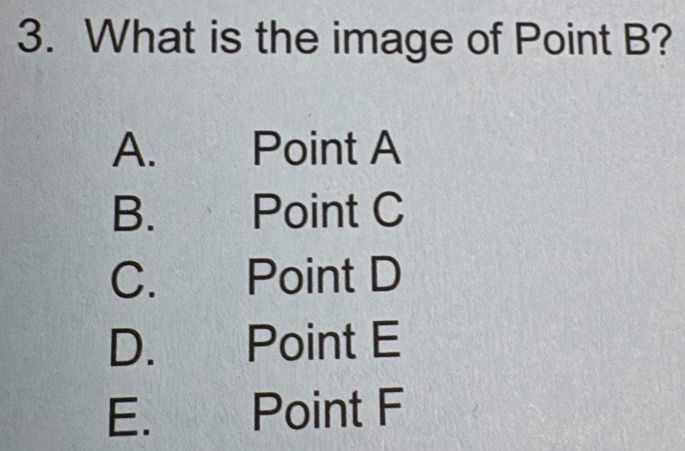 What is the image of Point B?
A. Point A
B. Point C
C. a Point D
D. Point E
E. Point F