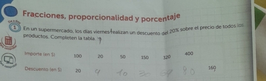 Fracciones, proporcionalidad y porcentaje 
gé a do 
1 ) En un supermercado, los días viernes realizan un descuento del 20% sobre el precio de todos l 
productos. Completen la tabla.