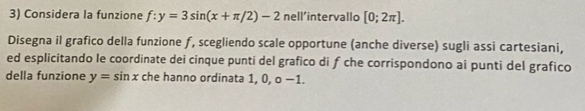 Considera la funzione f:y=3sin (x+π /2)-2 nell'intervallo [0;2π ]. 
Disegna il grafico della funzione ƒ, scegliendo scale opportune (anche diverse) sugli assi cartesiani, 
ed esplicitando le coordinate dei cinque punti del grafico di f che corrispondono ai punti del grafico 
della funzione y=sin x che hanno ordinata 1, 0, o −1.