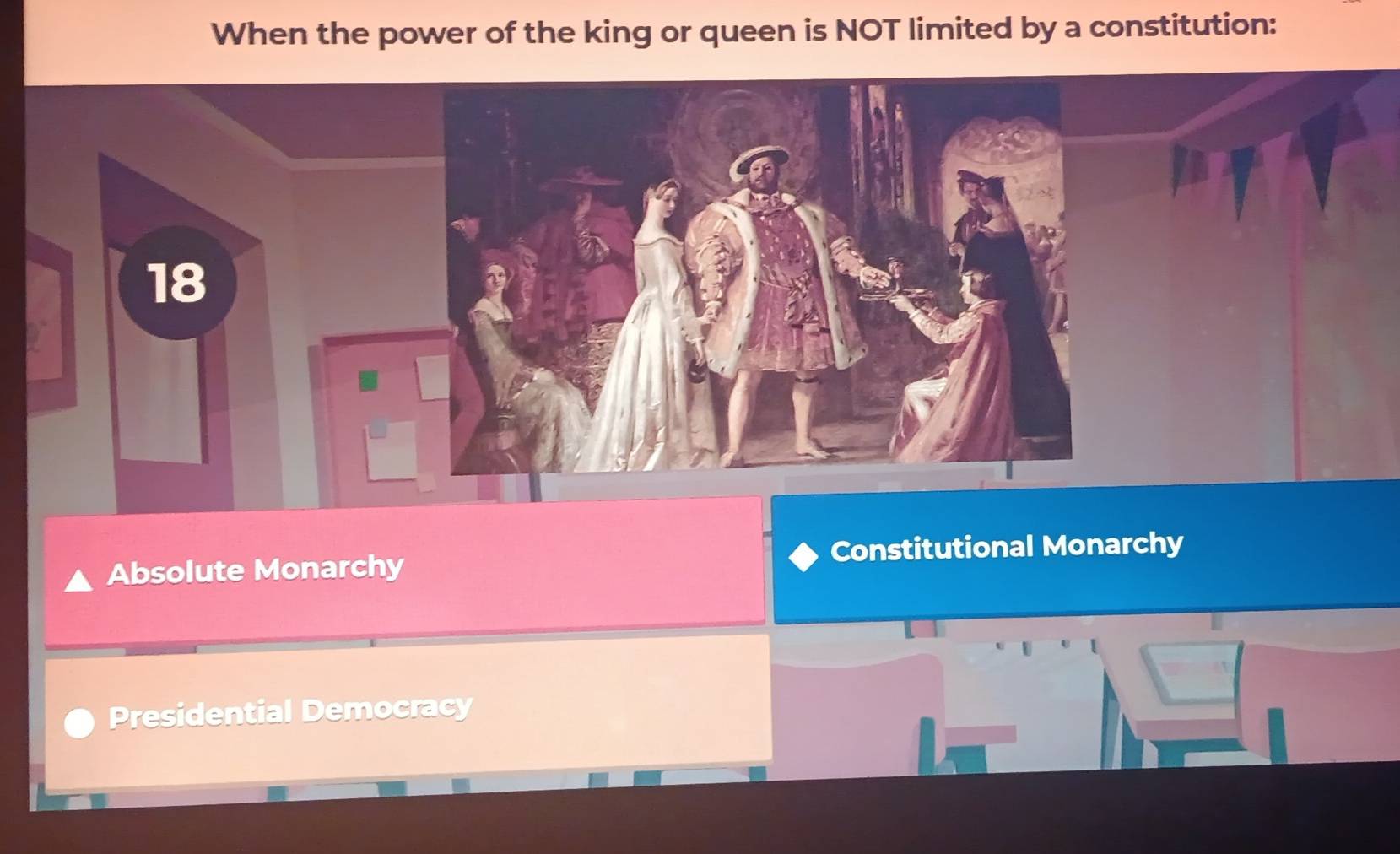 When the power of the king or queen is NOT limited by a constitution:
Absolute Monarchy Constitutional Monarchy
Presidential Democracy