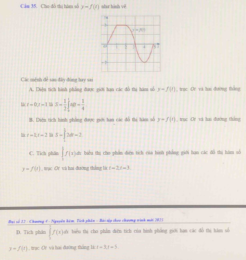Cho đồ thị hàm số y=f(t) như hình về
Các mệnh đề sau đây đủng hay sai
A. Diện tích hình phẳng được giới hạn các ở 12 thị hàm số y=f(t) , trục Ot và hai đường thằng
là t=0;t=1 là S= 1/2 ∈tlimits _0^(1tdt=frac 1)4.
B. Diện tích hình phẳng được giới hạn các đồ thị hàm số y=f(t) , trục Ot và hai đường thẳng
là: t=1;t=2 là S=∈tlimits _1^22dt=2.
C. Tích phân ∈tlimits _2^3f(x) ơx biểu thị cho phần diện tích của hình phẳng giới hạn các đồ thị hàm số
y=f(t) , trục Ot và hai đường thắng là: t=2;t=3.
Đại số 12 - Chương 4 - Nguyên hàm. Tích phân - Bài tập theo chương trình mới 2025
D. Tích phân ∈tlimits _3^5f(x)dx bx biểu thị cho phần diện tích của hình phẳng giới hạn các đồ thị hàm số
y=f(t) , trục Ot và hai đường thắng là: t=3;t=5.