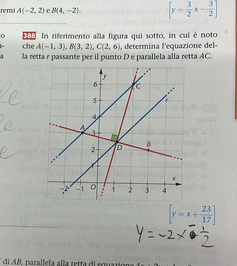 remi A(-2,2) e B(4,-2).
[y= 3/2 x- 3/2 ]
388 In riferimento alla figura qui sotto, in cui è noto 
1- che A(-1,3), B(3,2), C(2,6) , determina l’equazione del- 
a la retta r passante per il punto D e parallela alla retta AC.
[y=x+ 23/17 ]
di AB. parallela alla retta di equazio