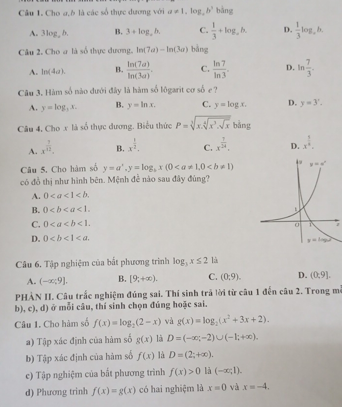 Cho a,b là các số thực dương với a!= 1,log _ab^3 bằng
A. 3log _ab. B. 3+log _ab. C.  1/3 +log _ab. D.  1/3 log _ab.
Câu 2. Cho a là số thực dương, ln (7a)-ln (3a) bǎng
A. ln (4a). B.  ln (7a)/ln (3a) . C.  ln 7/ln 3 . D. ln  7/3 .
Câu 3. Hàm số nào dưới đây là hàm số lôgarit cơ số e ?
A. y=log _3x. B. y=ln x. C. y=log x. D. y=3^x.
Câu 4. Cho x là -4 6thực dương. Biểu thức P=sqrt[3](x.sqrt [4]x^3.sqrt x) bǎng
A. x^(frac 7)12.
B. x^(frac 1)2. x^(frac 7)24.
C.
D. x^(frac 5)8.
Câu 5. Cho hàm số y=a^x,y=log _bx(0
có đồ thị như hình bên. Mệnh đề nào sau đây đúng?
A. 0
B. 0<1.
C. 0<1.
r
D. 0
Câu 6. Tập nghiệm của bất phương trình log _3x≤ 2 là
A. (-∈fty ;9]. B. [9;+∈fty ). C. (0;9). D. (0;9].
PHÀN II. Câu trắc nghiệm đúng sai. Thí sinh trả lời từ câu 1 đến câu 2. Trong mã
b), c), d) ở mỗi câu, thí sinh chọn đúng hoặc sai.
Câu 1. Cho hàm số f(x)=log _2(2-x) và g(x)=log _2(x^2+3x+2).
a) Tập xác định của hàm số g(x) là D=(-∈fty ;-2)∪ (-1;+∈fty ).
b) Tập xác định của hàm số f(x) là D=(2;+∈fty ).
c) Tập nghiệm của bất phương trình f(x)>0 là (-∈fty ;1).
d) Phương trình f(x)=g(x) có hai nghiệm là x=0 và x=-4.