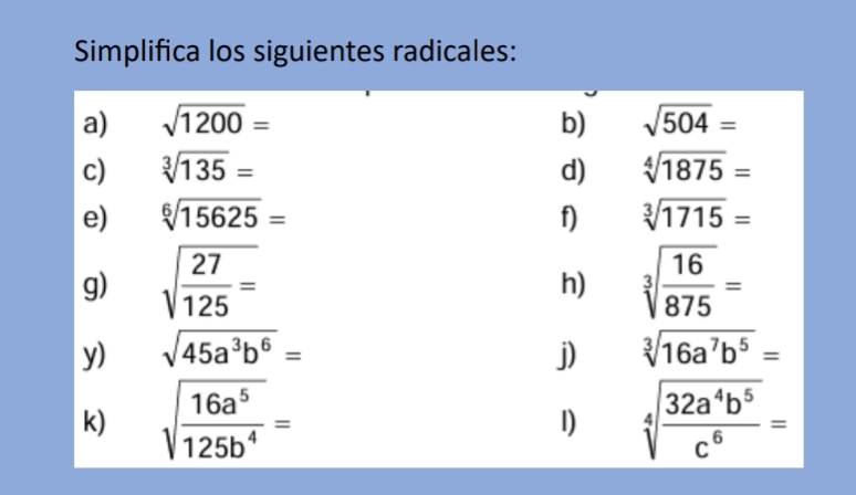 Simplifica los siguientes radicales: 
a) sqrt(1200)= b) sqrt(504)=
c) sqrt[3](135)= d) sqrt[4](1875)=
e) sqrt[6](15625)= f) sqrt[3](1715)=
g) sqrt(frac 27)125= sqrt[3](frac 16)875=
h) 
y) sqrt(45a^3b^6)= j) sqrt[3](16a^7b^5)=
k) sqrt(frac 16a^5)125b^4= sqrt[4](frac 32a^4b^5)c^6=
I)