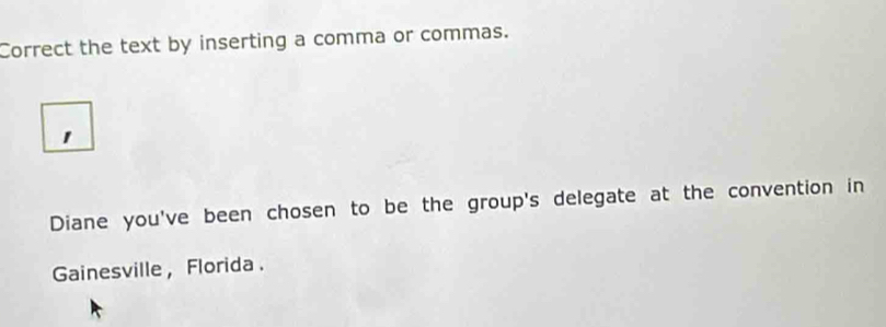 Correct the text by inserting a comma or commas. 
1 
Diane you've been chosen to be the group's delegate at the convention in 
Gainesville , Florida .