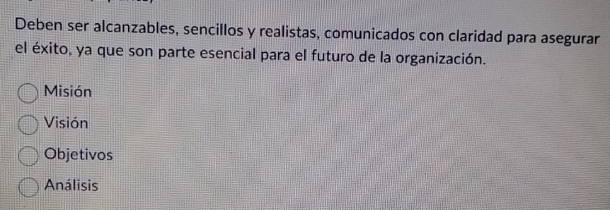 Deben ser alcanzables, sencillos y realistas, comunicados con claridad para asegurar
el éxito, ya que son parte esencial para el futuro de la organización.
Misión
Visión
Objetivos
Análisis