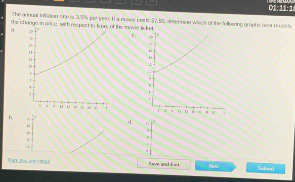 TME REMAIN
01:11:18
The annual inflation rate is 3.5% per year. If a movie costs $7.50, determine which of the following graphs best models
the change in price, with respect to time, of the movie ticket.
a. 
C. 

b.
d. 
Mark this and return Save and Exit Next Submit