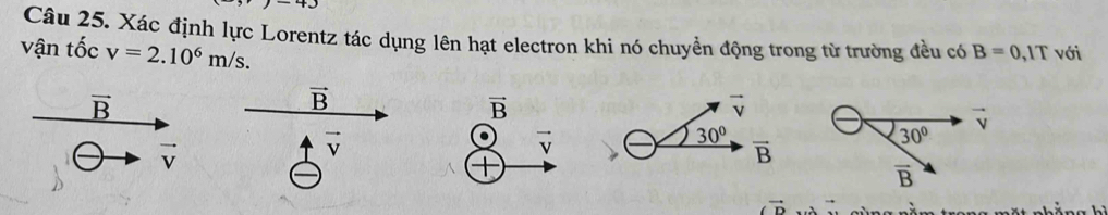 +3
Câu 25. Xác định lực Lorentz tác dụng lên hạt electron khi nó chuyển động trong từ trường đều có B=0
vận tốc v=2.10^6m/s. ,1T với
vector B
vector B
vector V
vector v
(vector D