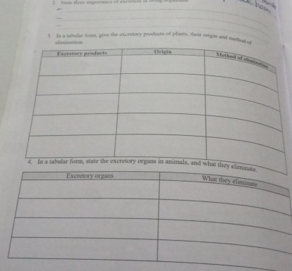 Stse theee importance of excretod in Dving organ 
_ 
_ 
_ 
_ 
3. In a tabular form, give the excroury products of plants, their origin and method o 
ation