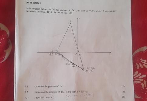 D(3,-9)
the second quadrant. In the diagram below, ∆ACD has vertices A. lies on side DC and C(-9,0) ,where A. is a point in
B(-1,k)
3.1 Calculate the gradient of DC. (2)
3.2 Determine the equation of DC in the form y=mx+c (2)
3.3 Show that k=6. (1)