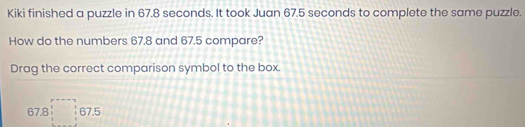 Kiki finished a puzzle in 67.8 seconds. It took Juan 67.5 seconds to complete the same puzzle. 
How do the numbers 67.8 and 67.5 compare? 
Drag the correct comparison symbol to the box.
67.8□ , 67.5