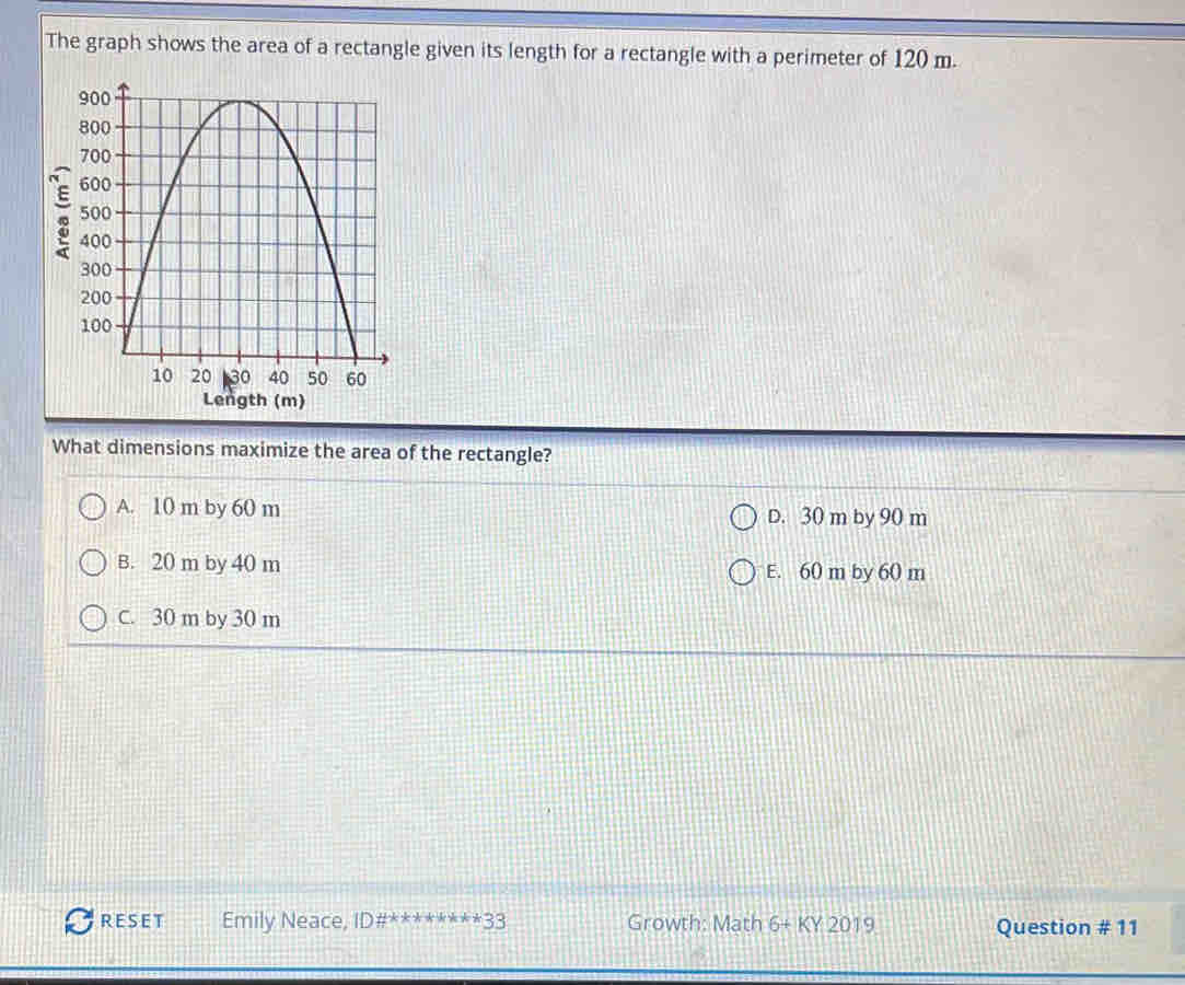 The graph shows the area of a rectangle given its length for a rectangle with a perimeter of 120 m.
What dimensions maximize the area of the rectangle?
A. 10 m by 60 m D. 30 m by 90 m
B. 20 m by 40 m E. 60 m by 60 m
C. 30 m by 30 m
RESET Emily Neace, 1 ID# xkkkk*+33 Growth: Math 6+KY2019 Question # 11