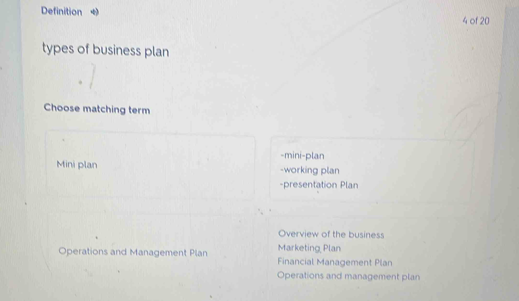 Definition 4 of 20
types of business plan
Choose matching term
-mini-plan
Mini plan -working plan
-presentation Plan
Overview of the business
Operations and Management Plan
Marketing Plan
Financial Management Plan
Operations and management plan