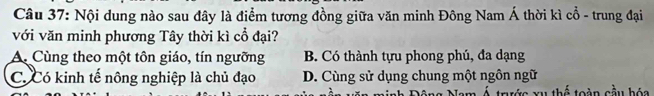 Nội dung nào sau đây là điểm tương đồng giữa văn minh Đông Nam Á thời kì cổ - trung đại
với văn minh phương Tây thời kì cổ đại?
A. Cùng theo một tôn giáo, tín ngưỡng B. Có thành tựu phong phú, đa dạng
C. Có kinh tế nông nghiệp là chủ đạo D. Cùng sử dụng chung một ngôn ngữ
u thể toàn cầu hóa