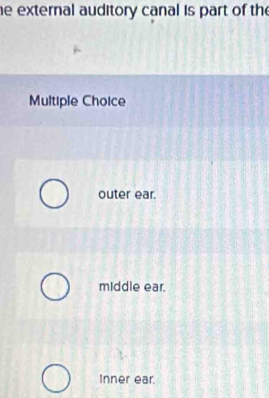 he external auditory canal is part of the
Multiple Choice
outer ear.
middle ear.
Inner ear.